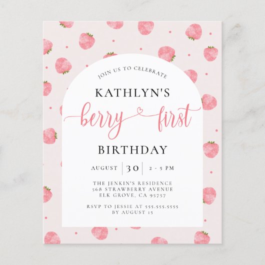 Budget Strawberry Berry Erster Geburtstag Einladun (Vorderseite)
