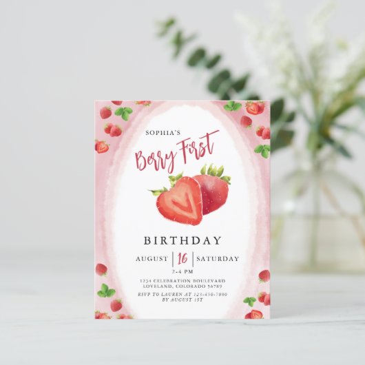 Budget Strawberry Berry Erster Geburtstag Einladun (Stehend Vorderseite)