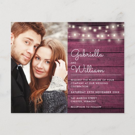 Budget String Lights Burgundy Foto Wedite Einladun (Vorderseite)