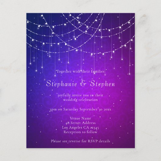 Budget String Lights QR Code Lila Hochzeitseinladu (Vorderseite)