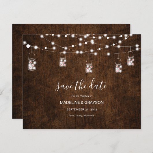 BUDGET String Lights Rustikales Holz Save the Date (Vorne/Hinten)