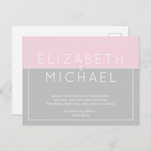 Budget Sugar Pink Gray Hochzeit Einladung Modern Postkarte (Vorne/Hinten)