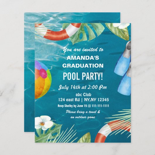 Budget Summer Pool Party Abschluss Einladung (Vorne/Hinten)