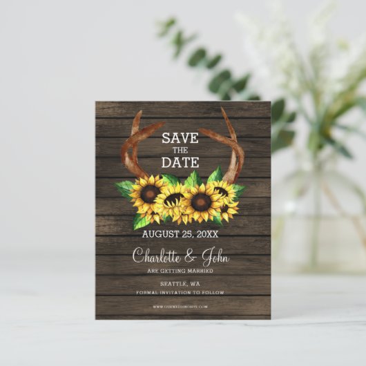 Budget Sunblumen Antlers Chic Save the Date (Stehend Vorderseite)