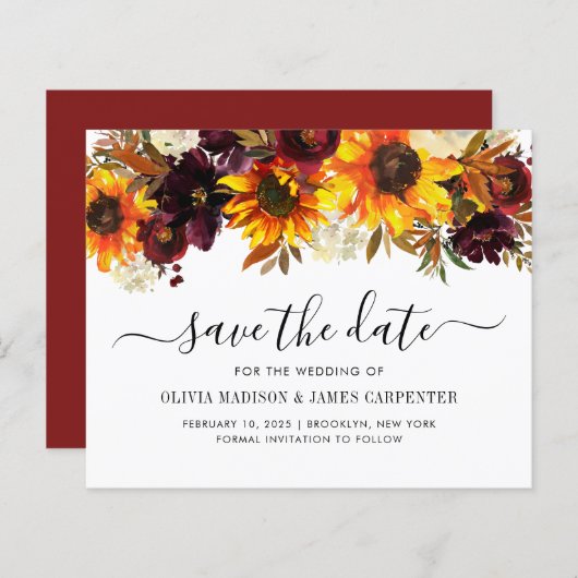 Budget Sunflower Burgundy Floral Save the Date (Vorne/Hinten)