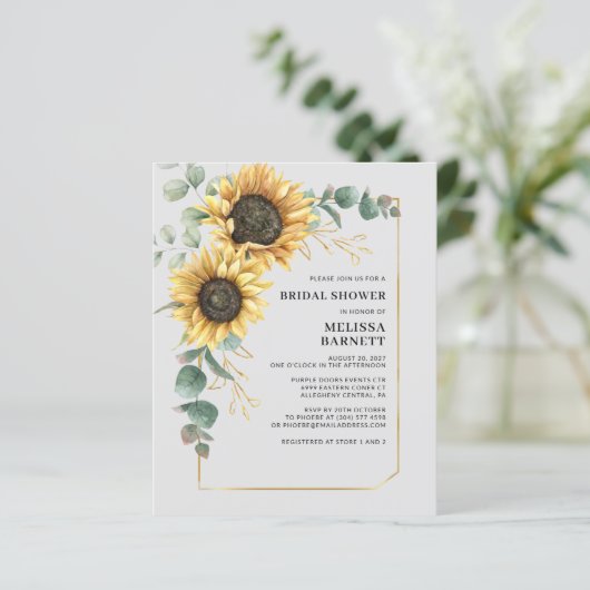 Budget Sunflower Eucalyptus Brautparty Einladung (Stehend Vorderseite)