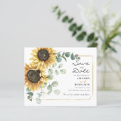 Budget Sunflower Eukalyptus Floral Save the Date (Stehend Vorderseite)