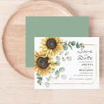 Budget Sunflower Eukalyptus Floral Save the Date<br><div class="desc">Mit dieser niedlichen Vorlage mit einem wunderschönen rustikalen Blumenstrauß,  einem geometrischen Rahmen mit Goldeffekten und moderner Typografie erstellen Sie eine moderne,  blühende Sonnenblume Save the Date. TIPP: Passende Hochzeitssuite-Karten wie UAWG,  Hochzeitsfeiern,  Banner,  Tapisserien,  Geschenketiketten,  Schilder und andere Hochzeitsgeschenke und Goodies sind in der folgenden Kollektion mit diesem Design erhältlich.</div>