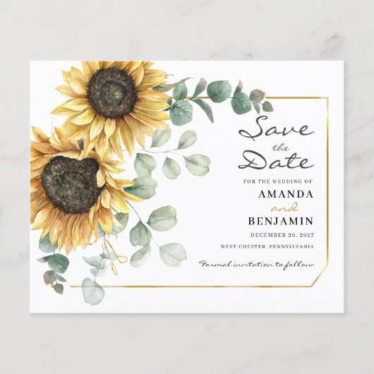 Budget Sunflower Eukalyptus Floral Save the Date (Vorderseite)