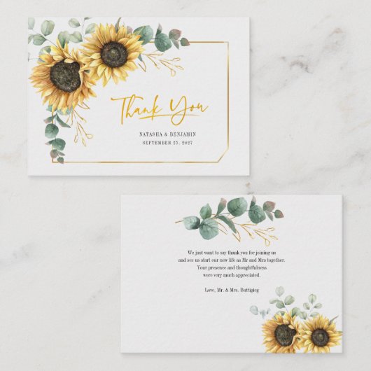 Budget Sunflower Eukalyptus Wedding Dankeschön Kar Mitteilungskarte (Vorne/Hinten)