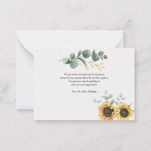 Budget Sunflower Eukalyptus Wedding Dankeschön Kar Mitteilungskarte (Rückseite)