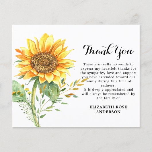 Budget Sunflower Floral Beileid Beerdigung Danke (Vorderseite)