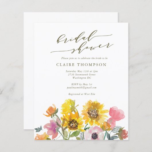Budget Sunflower Watercolor Script-Brautparty (Vorne/Hinten)