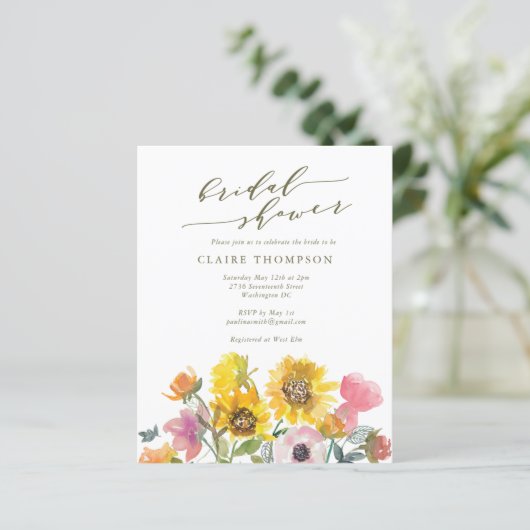 Budget Sunflower Watercolor Script-Brautparty (Stehend Vorderseite)