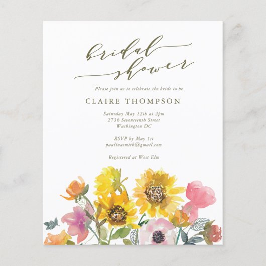 Budget Sunflower Watercolor Script-Brautparty (Vorderseite)