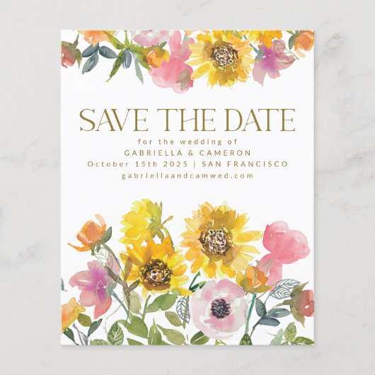 Budget Sunflower Yellow Watercolor Save the Date (Vorderseite)