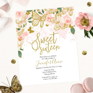 Budget Süße 16 Schmetterling-Einladung Blush Flora