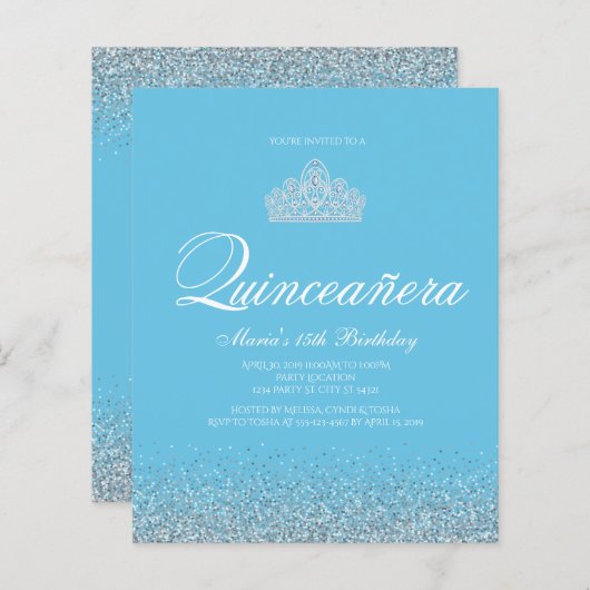 Budget Sweet 15, Light Blue Quinceanera Einladung (Vorne/Hinten)