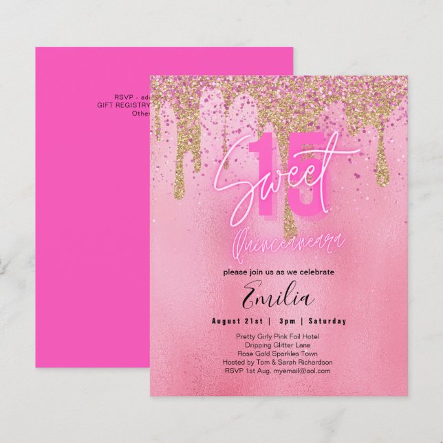 Budget Sweet 15 Rosa Glitzer Foil Quinceanera Glam (Vorne/Hinten)