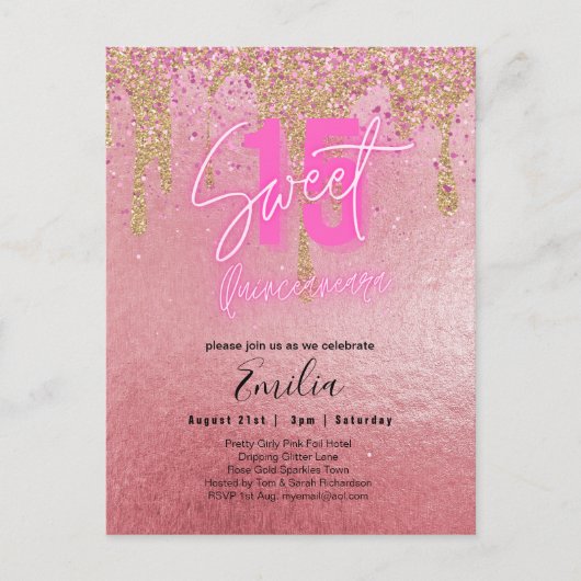 Budget Sweet 15 Rosa Glitzer Foil Quinceanera Postkarte (Vorderseite)