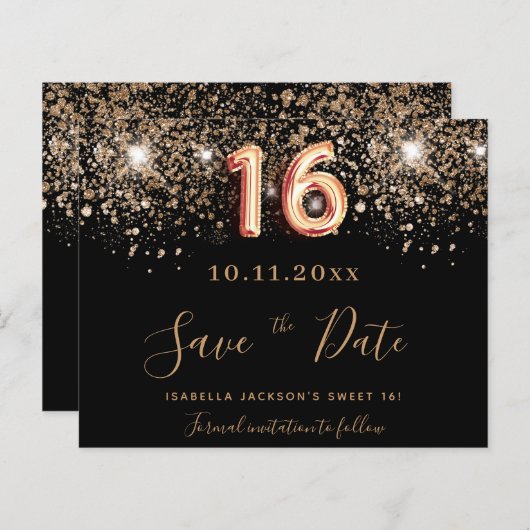 Budget Sweet 16 Black Glitzer Save the Date (Vorne/Hinten)
