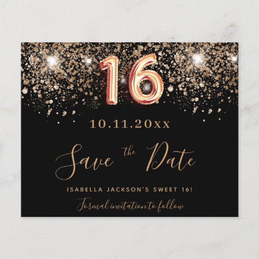 Budget Sweet 16 Black Glitzer Save the Date (Vorderseite)