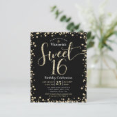 Budget Sweet 16 Black Gold Glitzer Chic Einladung (Stehend Vorderseite)