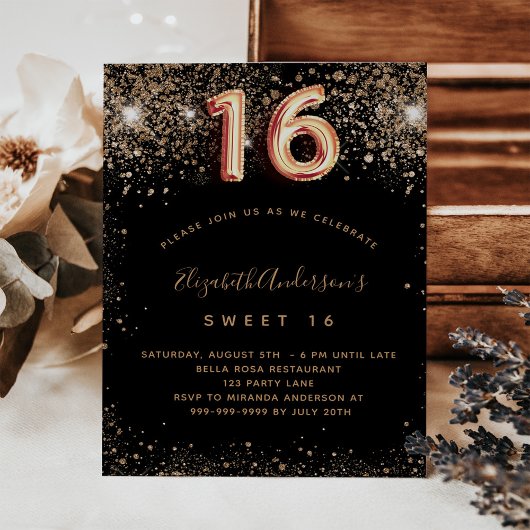 Budget Sweet 16 Black Gold Glitzer Einladung