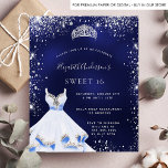 Budget Sweet 16 blauen Silber Kleid tiara Einladun<br><div class="desc">Eine trendige und glamouröse Einladung für eine Sweet 16,  16. Geburtstagsfeier. Ein marineblau Hintergrund mit Imitaten silber Glitzer Staub,  ein Tiara und ein Kleid. Die blaue Farbe ist ungleichmäßig. Der Name ist mit einem modernen handgeschriebenen Stilskript geschrieben. Personalisieren Sie Ihre Party-Daten und fügen Sie sie hinzu.</div>