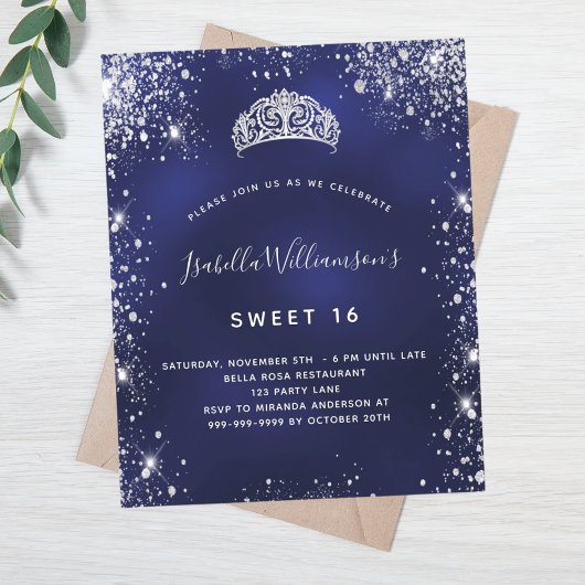 Budget Sweet 16 blue silber tiara Einladung