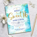 Budget Sweet 16 Blue Watercolor Gold Script Einlad<br><div class="desc">"Happy Sweet 16". Senden Sie diese atemberaubende, funkelnd, mädchenhafte, festliche, moderne, personalisierte, maßgeschneiderte Party Einladung für eine Veranstaltung, an die Sie sich erinnern können. Funkelnd Goldfolie und winzige Konfetti-Glitzer-Punkte und Typografie-Skripte überlagern einen türkisblauen Aquarellhintergrund. Personalisieren Sie den benutzerdefinierten Text mit dem Namen Ihrer Tochter und anderen Party-Details. Ideal für die...</div>