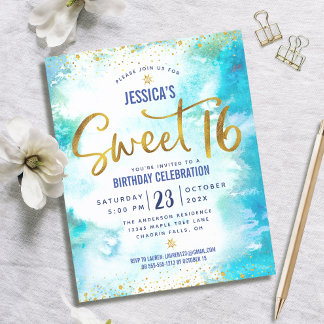 Budget Sweet 16 Blue Watercolor Gold Script Einlad
