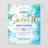 Budget Sweet 16 Blue Watercolor Gold Script Einlad (Vorderseite)