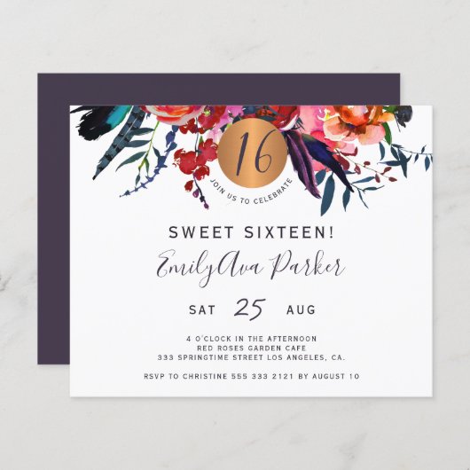 Budget Sweet 16 Blumengeburtstag Einladung (Vorne/Hinten)
