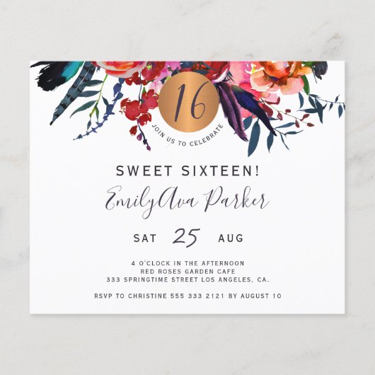 Budget Sweet 16 Blumengeburtstag Einladung (Vorderseite)