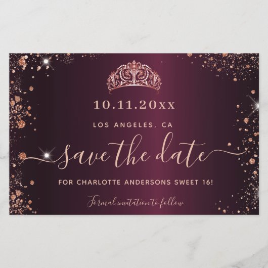 Budget Sweet 16 burgundy Rose Gold Save the Date (Vorderseite)