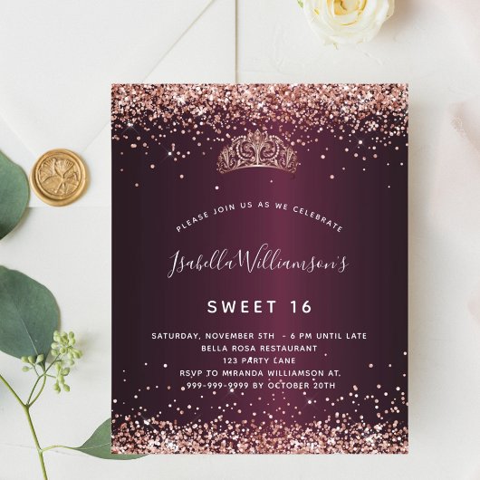 Budget Sweet 16 burgundy Rose gold tiara