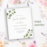 Budget Sweet 16 einfache Geburtstagsfeier Flyer<br><div class="desc">Rustikale, moderne, einzigartige Aquarellpflanze Eukalyptus grün Blätter 16 . Geburtstag Geburtstagsparty BUDGET erschwingliche Einladung FLYER. BITTE LESEN SIE DIES VOR DEM KAUF! Dies ist eine preisgünstige Karte, die auf einem FLYER gedruckt wird. Bitte beachten Sie, dass das BUDGET PAPER DÜNN ist - Sie können diese Karte aktualisieren, um sie auf...</div>