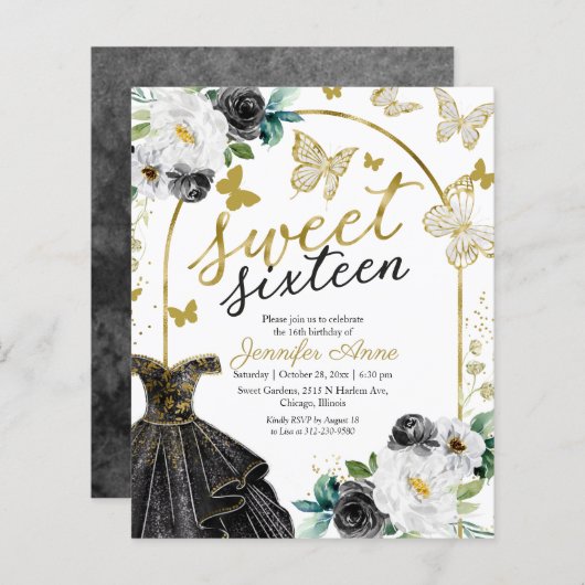 Budget Sweet 16 Einladung Blumenkleid Schmetterlin (Vorne/Hinten)