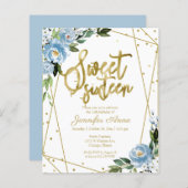 Budget Sweet 16 Einladung Gold Dusty Blue Floral (Vorne/Hinten)