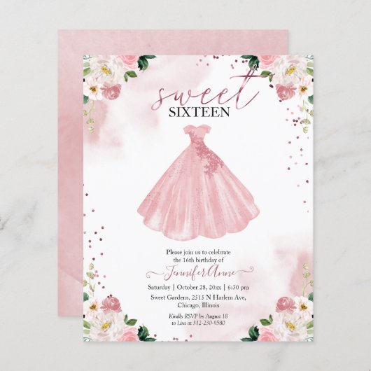 Budget Sweet 16 Einladung Rose Gold Blumenkleid (Vorne/Hinten)