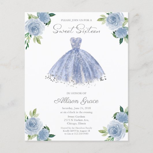 Budget Sweet 16 Einladung Silver Dusty Blue Gown (Vorderseite)
