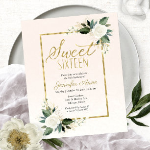 Budget Sweet 16 Einladung Weiß Blush Floral