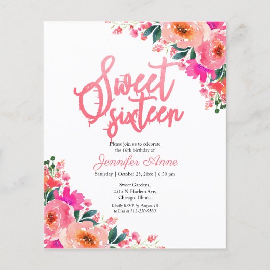Budget Sweet 16 Einladungen Hot Pink Floral (Vorderseite)