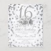 Budget Sweet 16 Glitzer Silver Floral Einladung Flyer (Vorne)