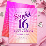 Budget Sweet 16 Groovy Pink Orange Gradient Einlad<br><div class="desc">"Alles Gute zum 16. Geburtstag". Senden Sie diese coole boho Retro, personalisierte Budget-Party Einladung für eine Veranstaltung zu erinnern. Spaß, trendige, kühn dunkelrosa und lila Typografie mit moderner Sans Serif Typografie überlagern den Hintergrund von Pop-Lichtstrahlen in Orange- und Rosa-Ober-Farbradien mit weißen Punkten. Auf der Rückseite, eine weiße, süße 16 Grafik...</div>