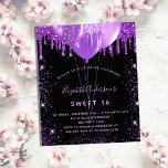Budget Sweet 16 lila Glitzer-Ballons<br><div class="desc">Für einen eleganten Sweet 16,  16. Geburtstag. Ein stilvoller schwarzer Hintergrund. Dekoriert mit lila Imitaten Glitzer und Ballons. Personalisieren und fügen Sie Namen,  Alter und Party Details hinzu. Der Name wird mit einem handgeschriebenen Stilskript geschrieben</div>