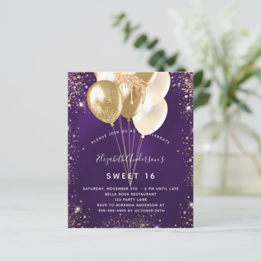 Budget Sweet 16 lila Goldballons Glitzer (Stehend Vorderseite)