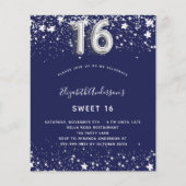 Budget Sweet 16 Marineblau Silber Einladung (Vorderseite)