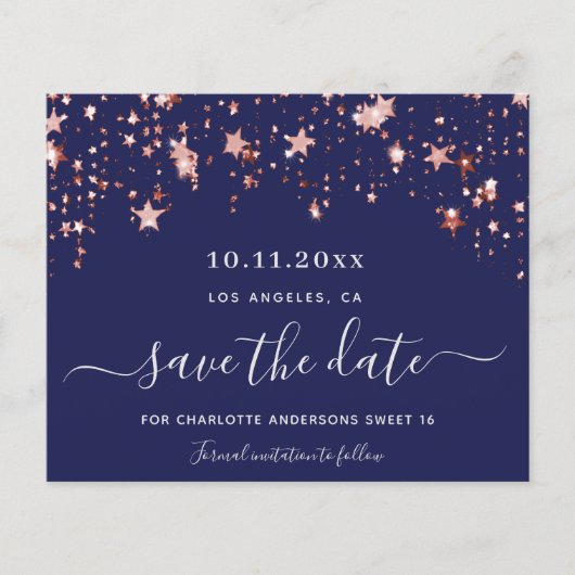 Budget Sweet 16 marineblaue Rose Save the Date (Vorderseite)